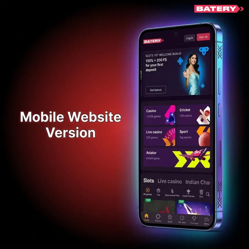 BateryBet mobile website on smartphone browser showing full game library, UPI deposits, and live betting for Indian players