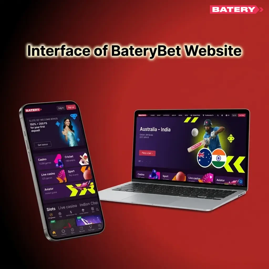 BateryBet website interface showing top navigation bar with Sports, Casino, Live Casino, Cybersports, Promotions for Indian users